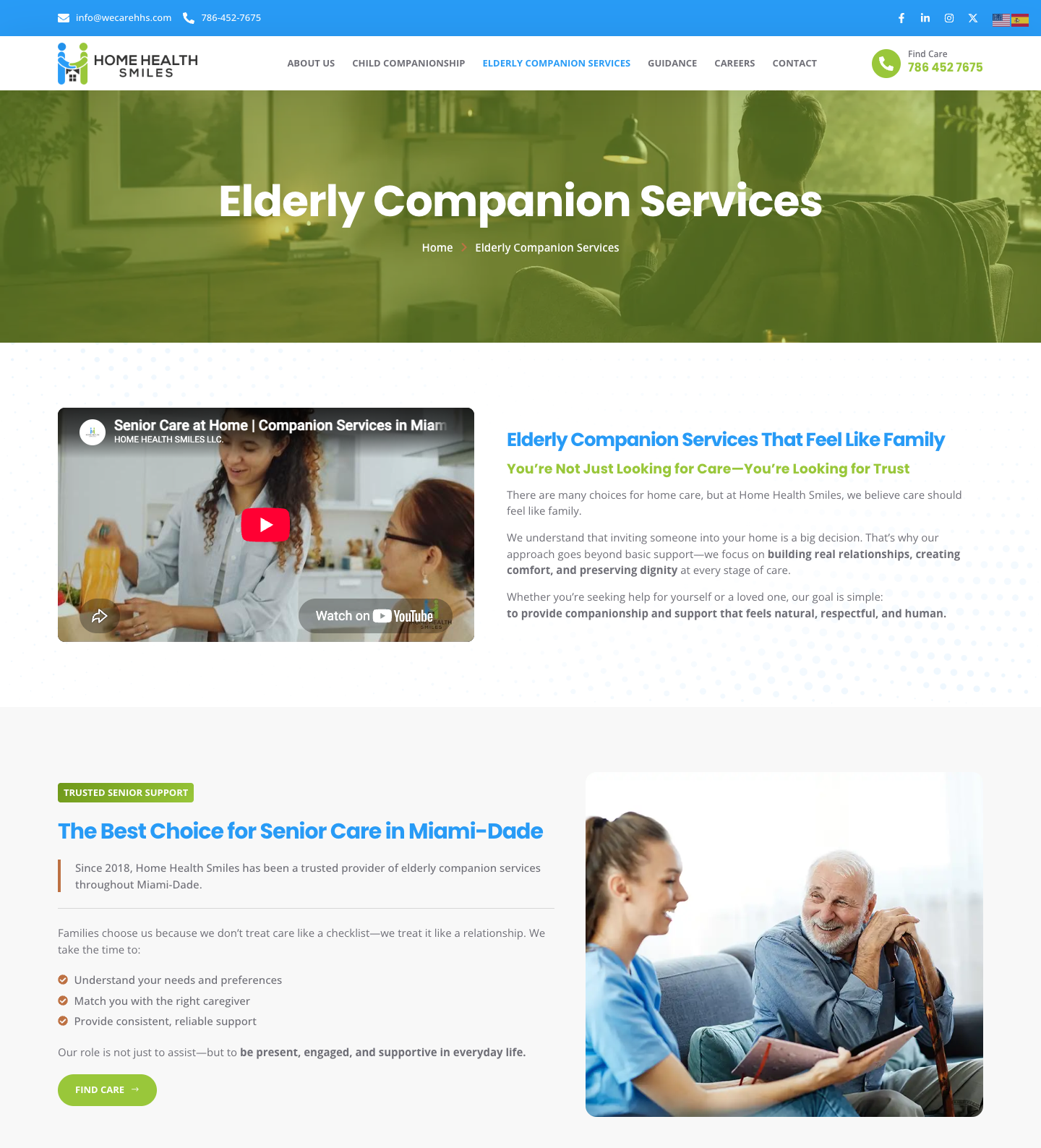 Desktop capture of the Elderly Companion Services landing page with heatmap overlay